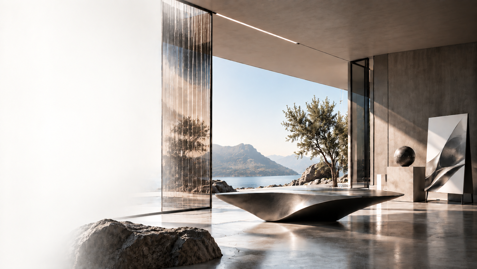 Sculptural product objects in a precise architectural interior